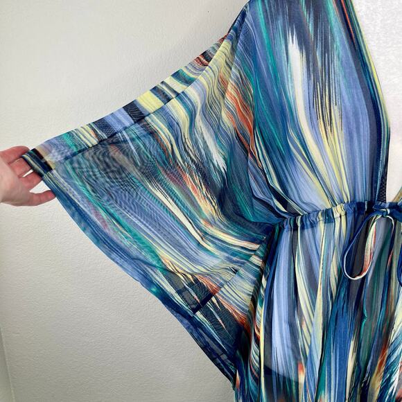 Blue Multicolor Sheer Mesh Cinched Waist V-Neck Oversize Cover-Up Plus 2X/3X NWT - Picture 8 of 15